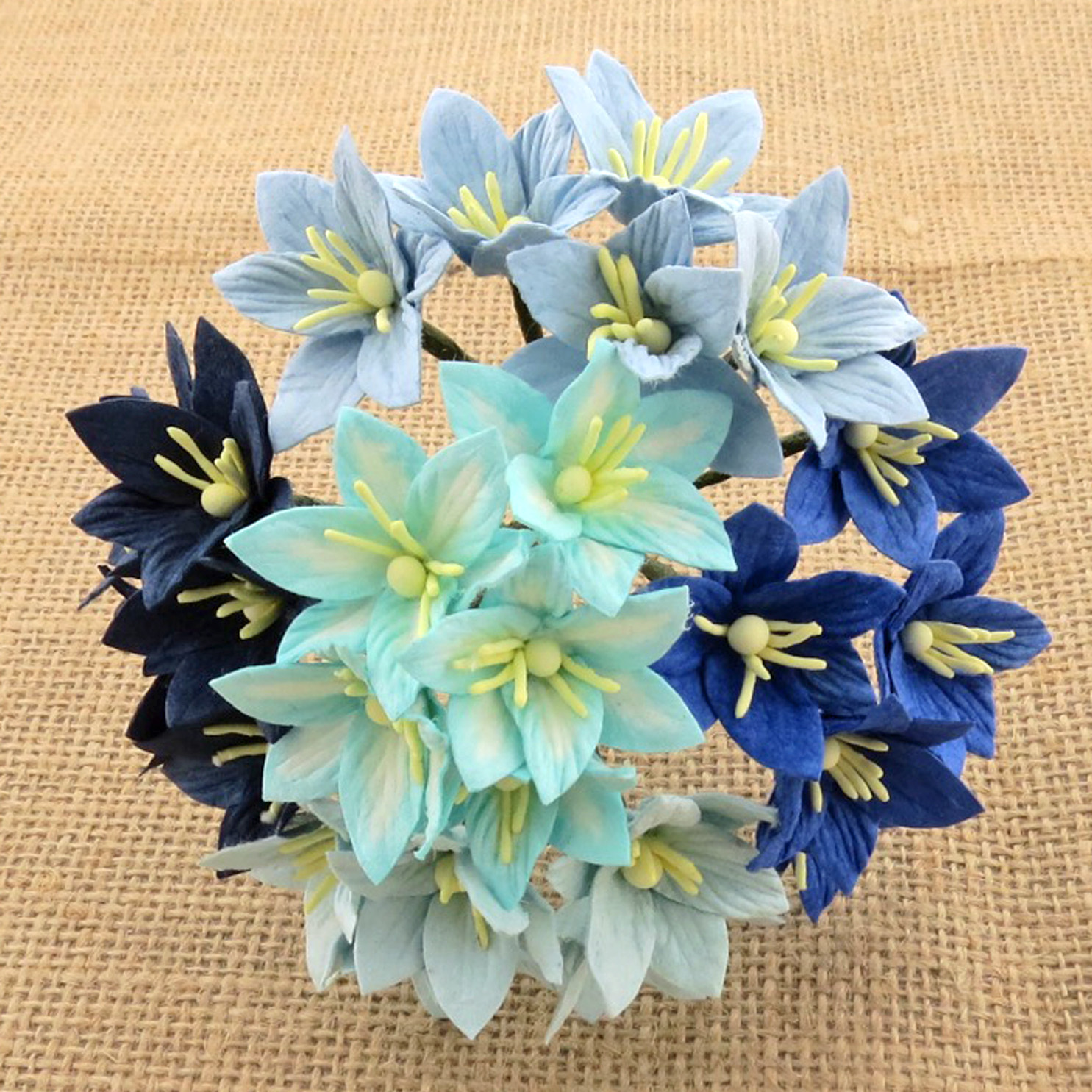 50 MIXED BLUE MULBERRY PAPER LILY FLOWERS - 5 COLOR