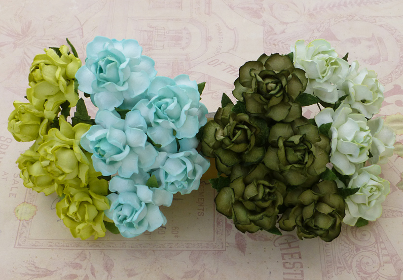 20 MIXED GREEN TONE MULBERRY PAPER COTTAGE ROSES