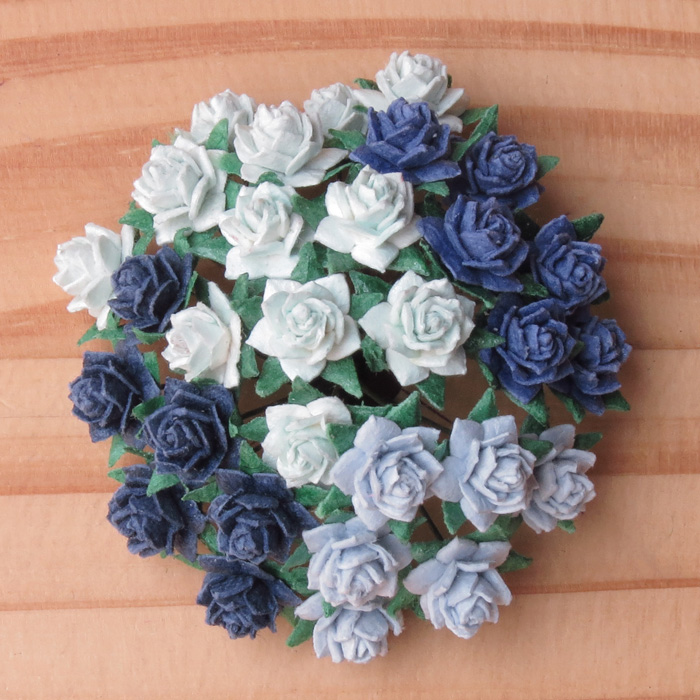 50 MIXED BLUE MINIATURE MULBERRY PAPER STAR ROSES 12mm