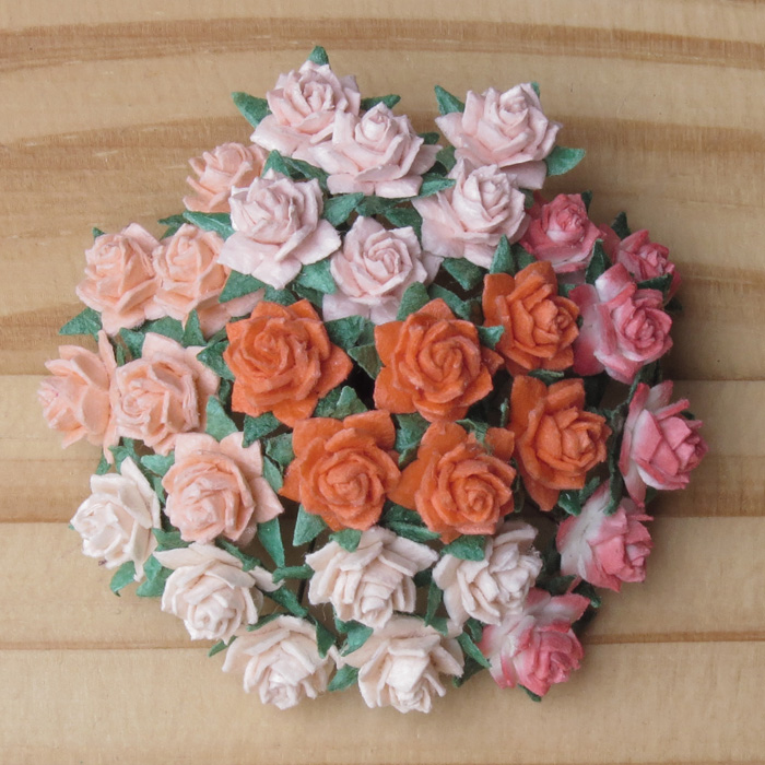 50 MIXED PEACH/ORANGE MINIATURE MULBERRY PAPER STAR ROSES 12mm