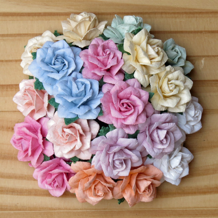 50 MIXED PASTEL MULBERRY PAPER STAR ROSES - 10 COLOR 25mm